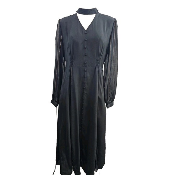 JESSIE LIU Women's L Black Silk Gold Beaded Gusset Choker ALine Dress EUC - Picture 1 of 9